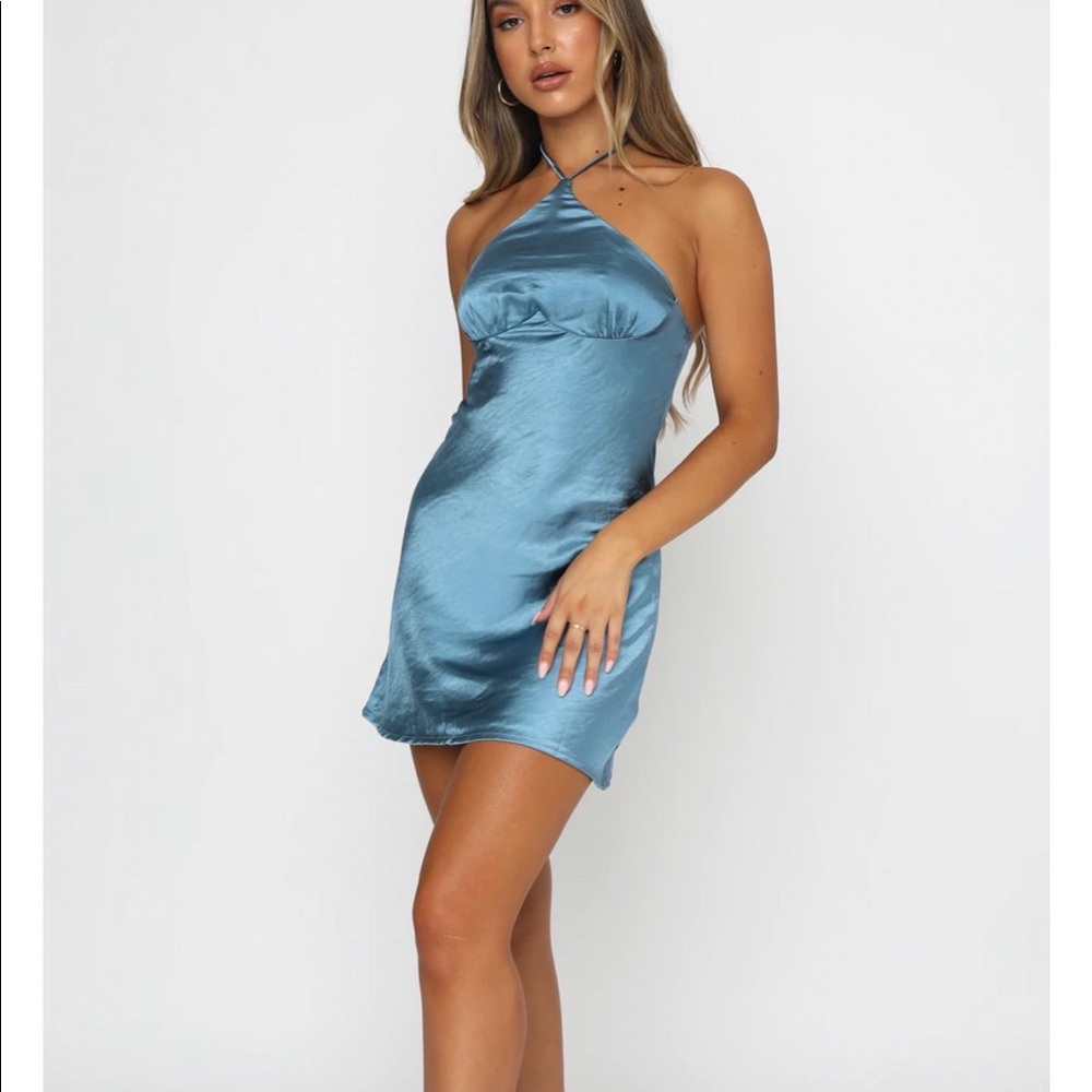 White fox boutique teal mini halter dress